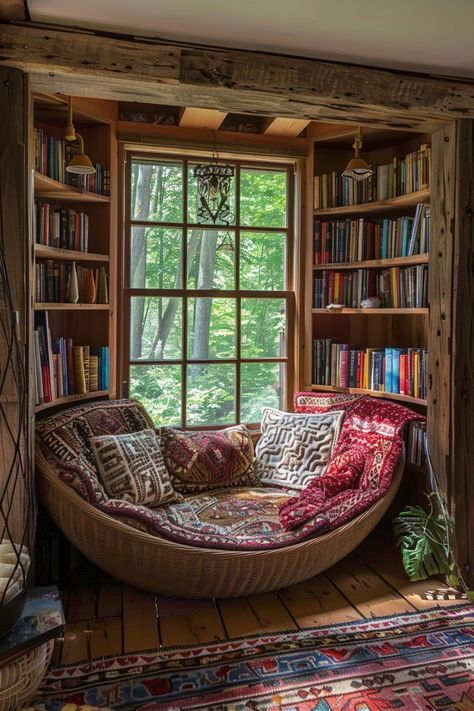 Enclosed Reading Nook, Library With Reading Nook, Cool Reading Nooks, Cute Reading Nook, Library Nook Ideas, Book Nook Room, Book Nooks Cozy Home Libraries, Sunroom Library, Reading Nook Ideas For Adults