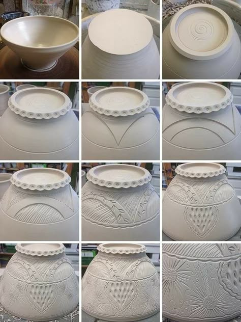 Bowl Feet Bowl Feet Pottery, Pottery Feet Ideas, Carving Clay, Pottery Sgraffito, Pottery Carving, Clay Carving, Textured Bowls, Ceramics Pottery Bowls, Pottery Patterns