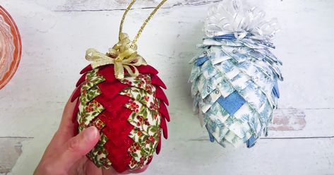 No Sew Quilted Pinecone Ornaments, Quilted Pinecone Ornaments, No Sew Fabric Christmas Crafts, Ribbon Pinecone Ornament, Fabric Pinecone Ornaments, Fabric Pinecone Ornaments Diy, Folded Fabric Pinecone Ornaments, Fabric Ornaments Diy Free Pattern, Ribbon Ornaments Diy