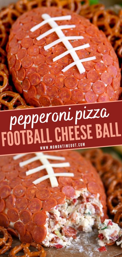 Football Tailgate Finger Food, East Football Snacks, Best Snacks For Football Players, Pepperoni Football Cheeseball, Georgia Bulldog Appetizers, Football Cheeseball Recipes, Bengals Football Food, Football Cheese Ball Recipes, Saturday Football Food