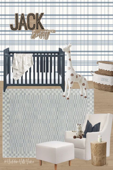 Baby boys nursery decor mood board with blue tones! Cute nursery decor ideas with giraffes Plaid Accent Wall, Giraffe Nursery Theme, Navy Crib, Decor Mood Board, Navy Nursery Boy, Dreamy Nursery, Giraffe Decor, Nursery Decor Inspiration, Baby Nursery Inspiration