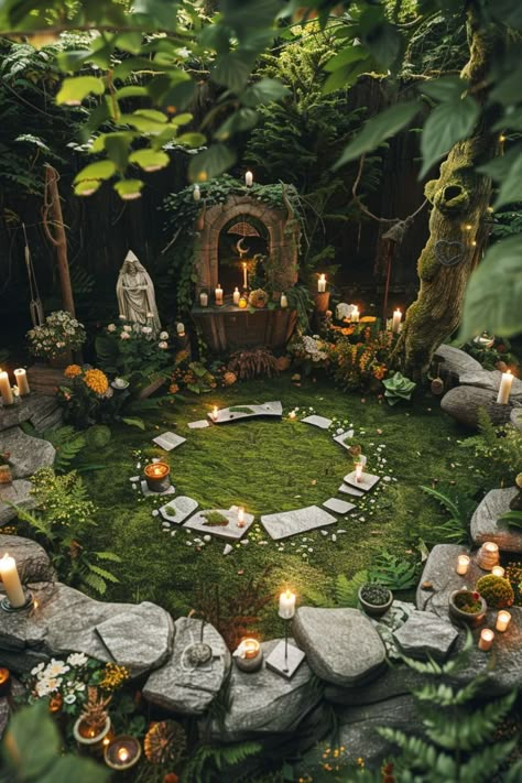 Witches Coven Party, Garden Witch Wedding, Witch Decor Outdoor, Outdoor Alter Ideas Pagan, Forest Witch Decor, Whimsical Witch Aesthetic, Backyard Altar, Witch Wedding Aesthetic, Witchy Party Ideas