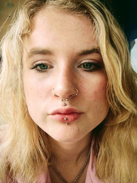 double nostril, septum, medusa, and vertical labret Medusa And Labret Piercing, Medusa And Septum Piercing, Double Nostril And Septum, Medusa And Vertical Labret Piercing, Double Nose Piercing With Septum, Double Nostril, Double Nostril Piercing Both Sides, Inverse Vertical Labret, Double Nostril Septum Medusa