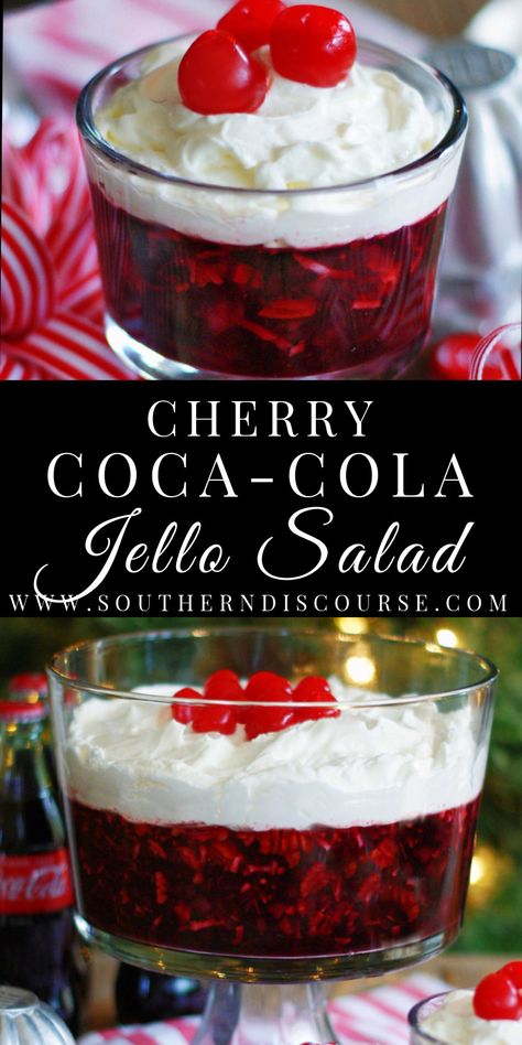 Cherry Coca-Cola Jello Salad - southern discourse Coca Cola Jello Salad, Cherry Pineapple Jello Salad, Coca Cola Salad, Cherry Coke Salad Recipe, Fizzy Jello, Jello Deserts Ideas Easy Recipes, Cherry Coke Jello Salad, Christmas Fruit Salad Recipes, Jello Salad Recipes With Cream Cheese