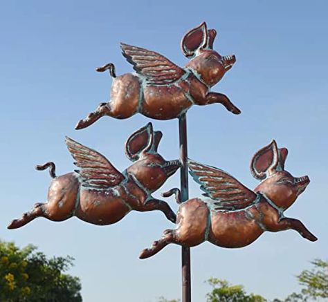 Metal Flying Pigs Spinner Bronze Finish Kinetic Wind Sculpture, Pets and Farm Animals Sculptures & Statues Decoration for Yard, Patio, Lawn CLYB Outdoor Decorative Stake 90" x 32" Kinetic Wind Sculpture, Pig Sculpture, Flying Pigs, Cottage Farm, Wind Sculptures, Weather Vanes, Front Lawn, Flying Pig, Outdoor Statues