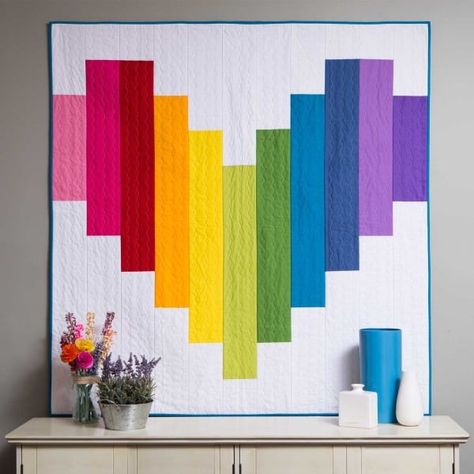 Piece of My Heart Strip Quilt - great easy rainbow quilt design. Strip Quilting, Strip Quilt Patterns, Rainbow Quilts, Lap Quilt Patterns, Strip Quilt, Heart Quilts, Heart Quilt Pattern, Colorful Quilt, Block Quilts