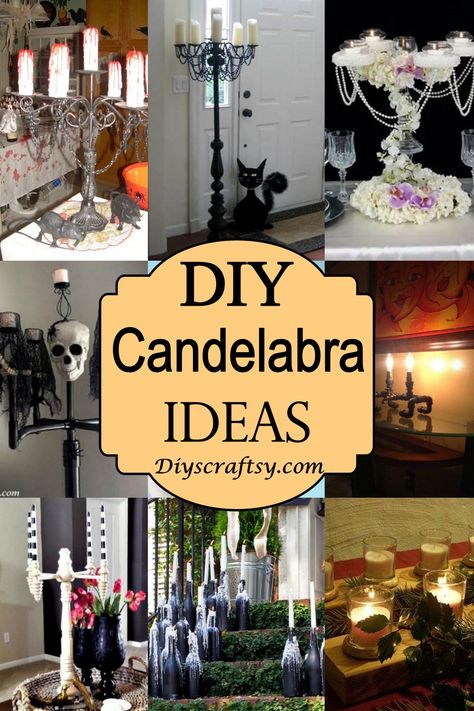 Diy Candelabra How To Make, Candlelabra Diy, Diy Candelabra Centerpiece, Diy Candleabra, Halloween Chandelier Decor, Candelabra Diy, Candelabra Ideas, Candleabra Ideas, Candle Chandelier Diy