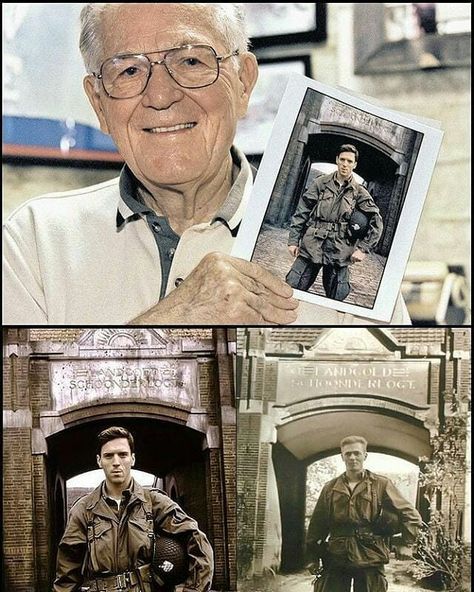 Richard D. Winters holding in his hand the photo of Damian Lewis the actor from the ''Band of Brothers'' series. On the real photo Richard D. Winters was there preparing for a daring rescuemission of British Para's stuck on the Rhinebank near Arnhem (during Operation ''Market Garden'') .The mission was succesfully executed on the night of 23/24 october 1944. - ➖  FOLLOW MY FRIEND :  @ww2_aircraft ➖ #ww2soldier #americanww2 #allies #photooftheday #worldwar2incolor #worldwar2historyandinstagram  # Richard Winters, Easy Company, Damian Lewis, 101st Airborne Division, Best Tv Series Ever, Band Of Brothers, Harbin, Military Heroes, Real Hero