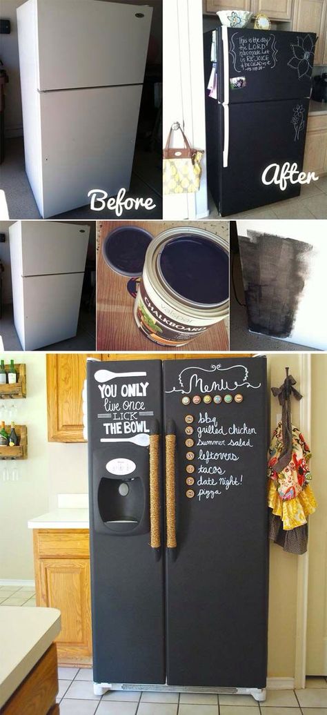 Transform an old fridge to a chalkboard style fridge Diy Chalkboard Paint, Diy Gifts Cheap, Diy Chalkboard, Creative Storage, Chalkboard Paint, Decor Minimalist, Cheap Diy, Design Case, Cheap Home Decor