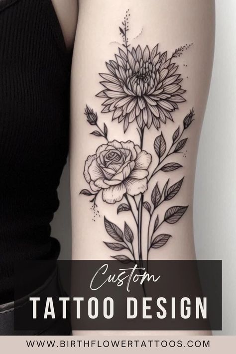 Minimalist Rose and Aster Flower Tattoo - June and September Birth Flower Design Small Aster Flower Tattoo, June Birth Flower Tattoo, Aster Tattoo, Aster Flower Tattoos, September Birth Flower, June Birth Flower, Aster Flower, Birth Flower Tattoos, Custom Tattoo Design