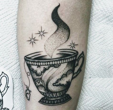 Tea cup tattoo Teacup Tattoo Design, Teapot And Teacup Tattoo, Tea Cup Tattoo Design, Tea Cup Tattoos, Cup Tattoo Design, Cup Of Coffee Tattoo, Tea Tattoo Ideas, Small Blackwork Tattoo, Cup Of Tea Tattoo