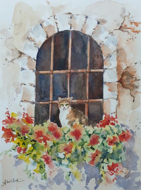 cat on window original watercolor painting Watercolour Window, Window Watercolor Painting, Windows Watercolor Painting, Watercolor Window, Watercolor Paintings Doors And Windows, Cat In Window Watercolor, Window Wall Art, Flowers Window, Cat Home Decor