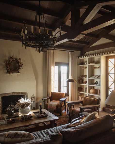 Lonefox Living Room Spanish Style Library, Spanish Colonial Living Room, Spanish Style Home Decor, Colonial Living Rooms, Autumn Decor Ideas, Fall Living Room Ideas, Lone Fox, Spanish Interior, Italian Farmhouse