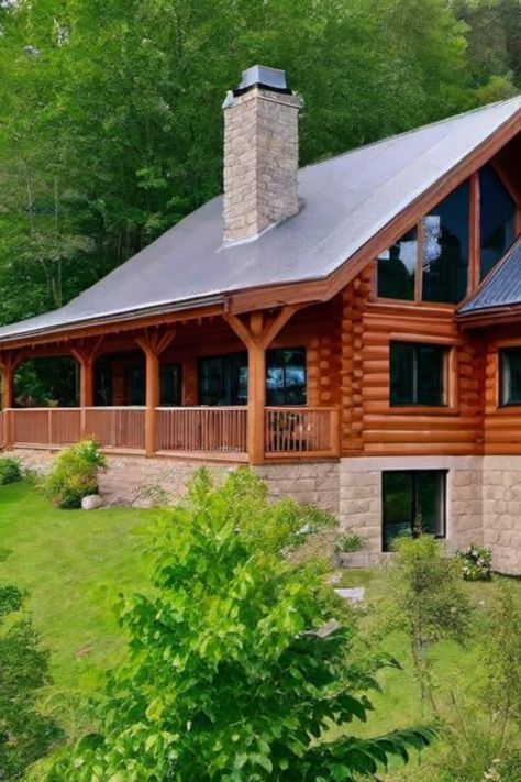 Log cabin with a stone chimney, surrounded by lush greenery. Log House Farmhouse, Log Cabin Homes Exterior, Log Cabin Porch, Prefab Log Cabins, Scandinavian Modern House, Log Cabin House Plans, Small Log Homes, Log Cabin House, Luxurious Mansions