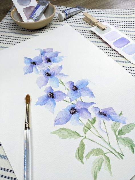 July's birth flower is a Delphinium and I had such a lovely time painting this! CLICK through to watch the video on how I painted this. Delphinium Flower Watercolor, Painting Delphiniums, Watercolor Delphinium, Delphinium Flower, July Birth Flower, Larkspur Flower, Painting Guide, July Flowers, Delphinium Flowers