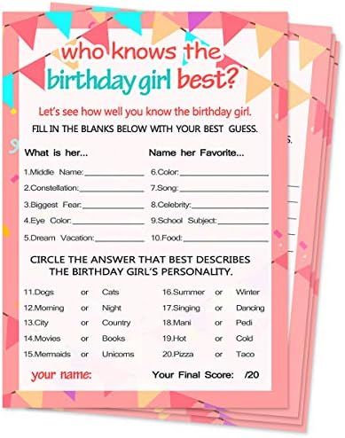 PRICES MAY VARY. 20 GAME CARDS: who knows the birthday girl best game for tween kids. Answer Sheet included for the birthday girl to fill out. EASY TO PLAY girl birthday party game: fill in the blank and multiple choice questions for friends to answer about the birthday girl. PREMIUM CARD STOCK: 5" x 7" who knows the birthday girl game cards are easy to write on with plenty of space for guests to write answers. FUN DESIGN: Double side print.Pink and purple birthday party theme. Add to your set o Do You Know The Birthday Girl, Who Know The Birthday Girl The Best, Who Knows The Bday Girl Best, 12 Birthday Ideas Girl, How Well Do You Know The Birthday Girl, Who Knows The Birthday Girl Best, Purple Birthday Party Theme, 11th Birthday Party Ideas For A Girl, Birthday Girl Games