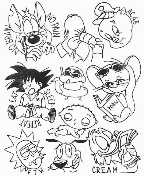 Cartoon Tattoo Designs, Cartoons Tattoo, Tattoo Cartoon, Tattoo Colour, Cartoon Tattoo, Arte Doodle, Graffiti Tattoo, Cartoon Character Tattoos, Flash Tattoo Designs