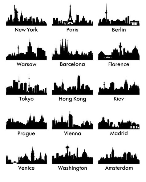 World famous cities silhouettes vector set 03 City Skyline Silhouette, Skyline Painting, Skyline Silhouette, City Vector, New York Poster, City Silhouette, 수채화 그림, Jamberry Nails, Futuristic Architecture