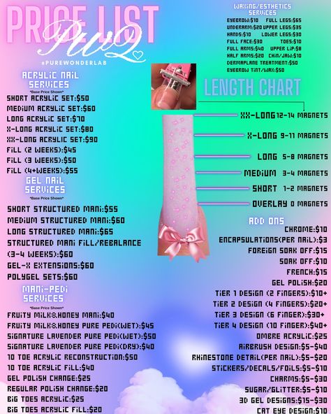 UPDATED PRICE LIST 🩷💅🏽 Not much has changed just some new add ons 🫶🏼 ⭒Gainesville FL. 📍 ⭒LICENSED. 💞 ⭒ (っ◔◡◔)っ ♥ Acrylic Nail sets, Builder Gel manis, Gel-X, Pedicures, Acrylic & Polygel Toe Reconstructions, Waxing ♥🪄 ⭒INTRICATE DESIGNS, FREESTYLE DESIGNS, SHORT SETS W DESIGNS😋 ⭒(SEND INSPO PIC VIA DM IF YOU NEED A QUOTE)🌷 OUR SAFE SPACE🌈💞 #PWL #nails #nailtech #acrylicnails #gelx #buildergel #nailart #nailinspo #gainesvilleflorida #gainesvillenailtech #gainesvillenails #uf #universityo... Gel X Beginner, Things You Need For Acrylic Nails List, Acrylic Nail Price List, Beginner Nail Tech Prices, Nail Pricing, Nail Tech Price List, Nails Price List, Nail Price List, Nail License