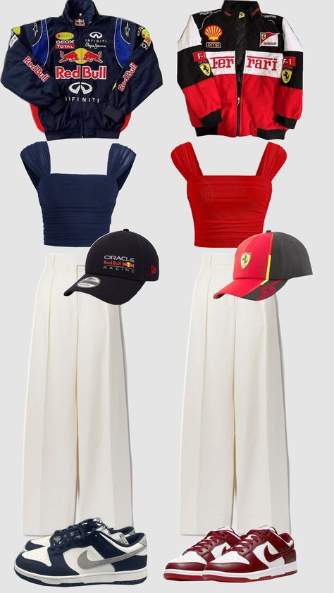 matching outfit #f1 #ferrari #redbull #checoperez #maxverstappen #carlossainz #charlesleclerc Raceway Outfit, F1 Fashion Women, Redbull Outfits, F1 Vegas, F1 Outfit For Women, F1 Fits, Ferrari Outfit, F1 Clothes, F1 Outfit