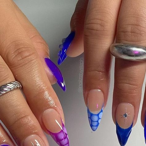 @nailzzbysteph on Instagram: "purple + blue mix-match set ‎‧₊˚✩ ⛓️✩˚₊‧" Royal Blue And Purple Nails, Purple And Blue Nails Designs, Almond Purple Nails, Blue And Purple Nails, Purple And Blue Nails, Year Nails, Summer Acrylic, Blue Nail Designs, Summer Acrylic Nails