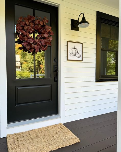 Autumn views 🍂🍁🤎 . . . #home #homedecor #homesweethome #homedesign #falldecor #fallstyle #fallvibes #fallcolors #fallseason #homeinspo #homedecoration #farmhousestyle #decoronadime #affordablefinds #diy #doityourself #diyprojects Farmhouse Front Door Black, Black Door Exterior, Front Door Black, Door Exterior, Farmhouse Front Door, Door Black, Black Door, Farmhouse Front, Black Doors