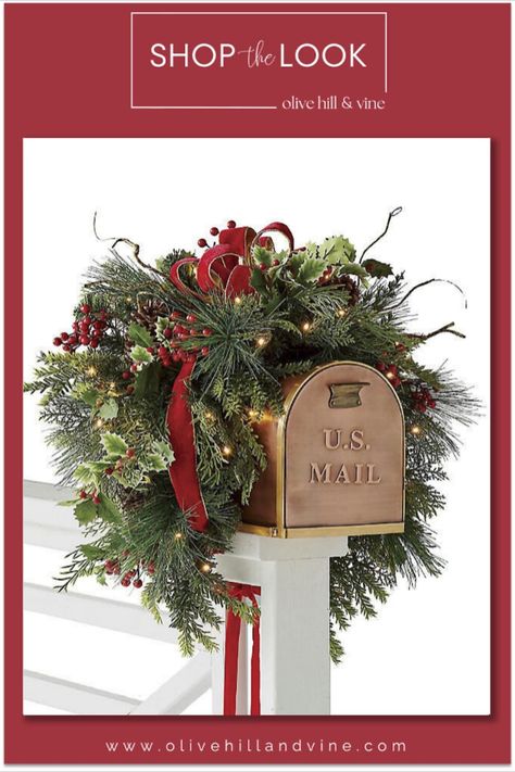 Front Porch Window Christmas Decor, Classic Outdoor Christmas Decorations, Mailbox Wreath, Christmas Mailbox Decorations, Mailbox Decorations, Mailbox Swag, Joy Decorations, Christmas Mailbox, Traditional Holiday Decor