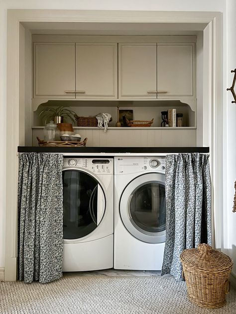 Skirted Table, Room Makeover On A Budget, Benjamin Moore Edgecomb Gray, Diy Laundry Room Makeover, Grey Laundry, Diy Laundry Room, Laundry Nook, Edgecomb Gray, Pantry Laundry