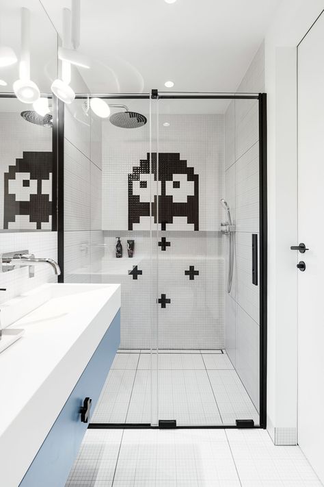 Some time ago @pracownia_amsokolowska a came to us with an idea for a pixelart ghost for a children's bathroom. Time passed, and the project of the dream house of the architect-investor and her family materialized. The ambitious project of adapting an old barn into a family home has been completed and today we can admire the final result. We ❤ this pixel hero! How about you? Bathroom For Two, Boy Bathroom Ideas, Family Bathroom Design, Old Video Games, Boy Bathroom, Farm Building, Childrens Bathroom, Bathroom Retreat, Extractor Hood