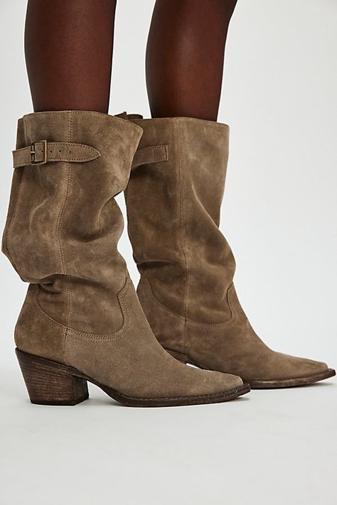 Get that authentic boho vibe with these super slouchy suede boots, featuring a pointed toe and buckle details for an extra chic look. **Fit:** Extra slouchy **Features:** Tall style, suede fabrication, pointed toe, buckle detail at topline, chunky block heel, pull-on design **Why We | Extra Slouch Boots by FP Collection at Free People in Grey, Size: US 10 Suede Slouchy Boots, Slouchy Tall Boots, Slouch Boots, Slouch Suede Boots Flat, Chic Boho Outfits, Mid Boots Outfit, Free People Tall Boots, Free People Essential Slouch Boot, Slouchy Suede Boots