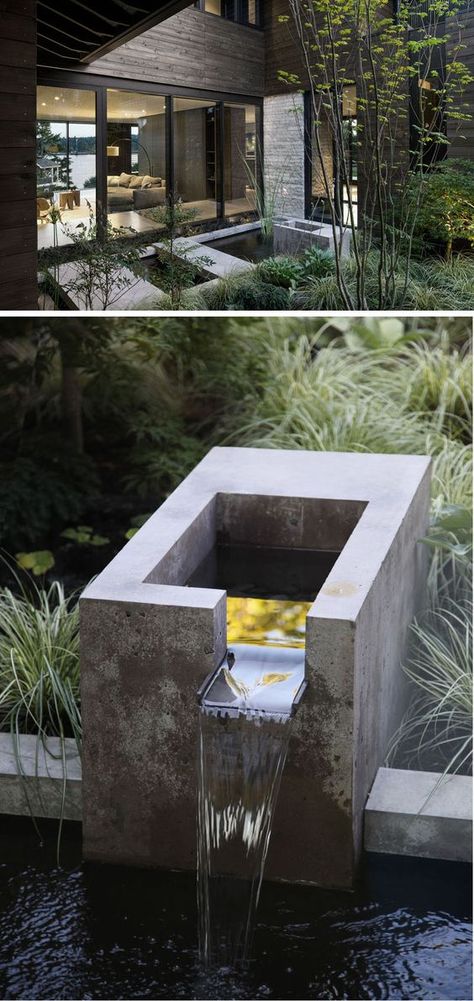 In this small and modern courtyard, there's a concrete water feature and plants that can be viewed from both levels of the home. #Courtyard #Landscaping #WaterFeature Mid Century Water Feature, Concrete Water Feature, Mw Works, Modern Water Feature, House Contemporary, 1960s House, Small Courtyard, Courtyard Landscaping, Modern Courtyard