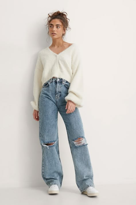 Wide Jeans Outfit, Wide Leg Jeans Outfit, Look Jean, Fall Outfits For School, Jean Large, Jean Flare, Outfit Jeans, Modest Clothing, Destroyed Jeans