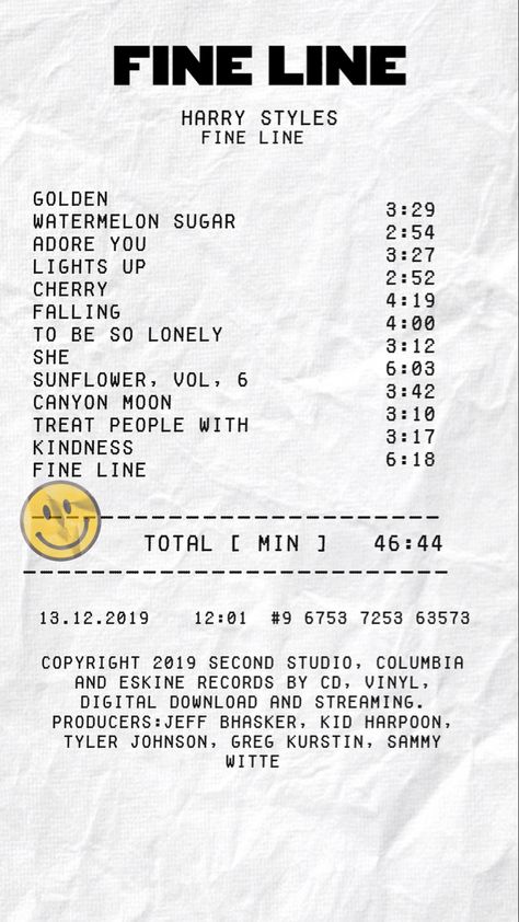 Harry Styles Album Receipt, Harry Styles Receipt Poster, Fine Line Receipt, Receipt Album Poster, Life Support Album Receipt, Music Reciepts, Music Album Receipts, Receipt Music, Album Receipts Aesthetic