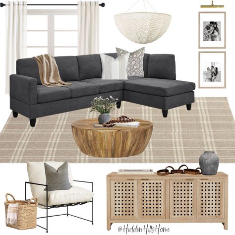 Grey Sectional Mood Board, Family Room With Charcoal Sectional, Dark Grey Couch Basement, Dark Grey Sectional Decor, Charcoal Sectional Living Room Ideas, Charcoal Couch Mood Board, Leather Gray Couch Living Room, Dark Grey Couch Living Room Mood Board, Living Room With Dark Grey Sectional