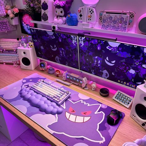 I brought my gengar deskmat back out! Just in time for spooky season 😈👻 Hope youre all having a great week so far! ✨ ⋅˚₊‧ ‧₊˚ ⋅⋅˚₊‧ ‧₊˚ ⋅⋅˚₊‧ ‧₊˚ ⋅ #cozygaming #cozygamer #gaming #gamingsetup #cozygamingsetup #pokemon #gengar Pokemon Gaming Setup, Anime Desk Ideas, Kuromi Room, Streaming Room, Pokemon Aesthetic, Manga Shelf, Anime Desk, Simple Anime, Desk Setups