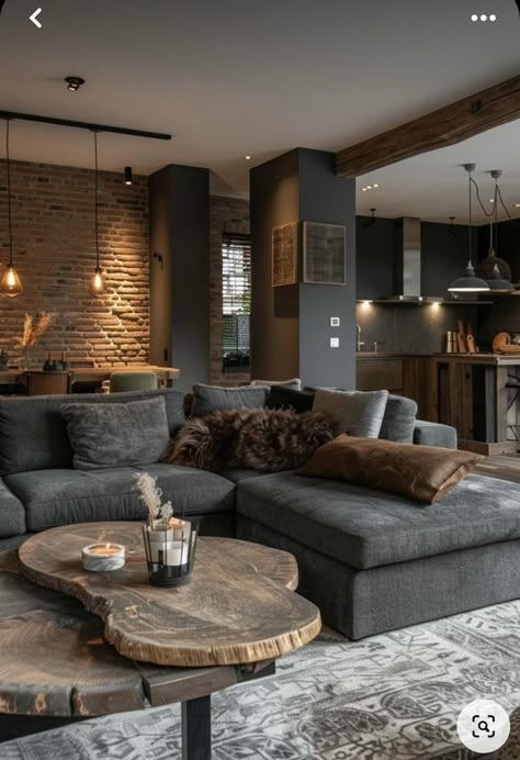 Small Farmhouse Interior Living Room, Industrial Cozy Living Room, Angled Living Room, Small House Living Room Ideas, Industrial Style Living Room, Lounge Interior, Apartment Decor Inspiration, Rustic Living Room, Decor Home Living Room