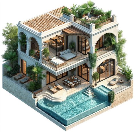 3D isometric house :: Behance Sims Front Yard, 3d House Design Architecture, Houses To Build On Sims 4, Unique House Floor Plans, Isometric Art House, Sims Modern House, House Model Architecture, Sims Building Ideas, Sims 4 Architecture