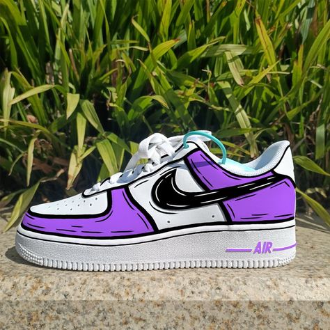 Paint Sneakers, Purple Cartoon, Cartoon Purple, Painted Nikes, Nike Air Force 1 Custom, Custom Shoes Diy, Painted Sneakers, Air Force 1 Custom, Custom Air Force 1