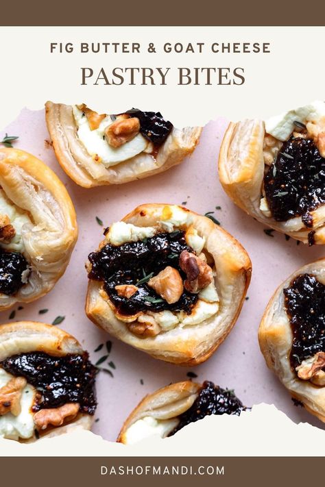 fig butter bites with goat cheese and walnuts Goat Cheese Fig Jam, Fig Appetizer, Fig Butter, Finger Snacks, Butter Bites, Fluffy Puff, Goat Cheese Appetizer, Holiday Snack, Puff Pastry Appetizers