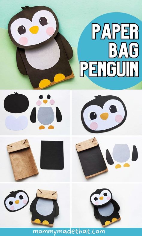 Super cute penguin craft from a paper bag! This adorable kids craft is perfect for winter for preschool or younger kids and great for an arcitic animal activity. Paper Bag Puppets Animals, Paper Bag Puppet Ideas, Puppet Template Printables, Paper Puppets Diy, Paper Bag Template Free Printable, Paper Bag Crafts For Preschoolers, Paper Bag Puppets Printable Free, Paper Bag Animals, Paper Bag Puppets For Kids