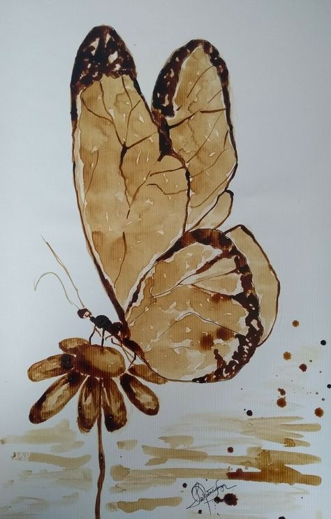 Watercolor Art Monochromatic, Brown Sketchbook Drawings, Flower Coffee Painting, Simple Coffee Painting Ideas, Coffee Art Painting Simple, Coffee Painting Canvas, Coffee Art Drawing, Coffee Paintings, Coffee Designs Art