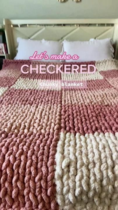 Here’s the tutorial on this checkered chunky blanket! All this yarn is... | Chucky Knit Blanket Tutorial | TikTok Chunky Chenille Blanket Pattern, Chunky Knit Blanket Checkered, How Much Yarn For Chunky Blanket, Crochet Blankets Chunky, Chunky Yarn Hand Knitting Patterns, Hand Crochet Blankets, Chunky Finger Knit Blanket Pattern, Blanket Business, Yarn Bee Chunky Blanket Pattern