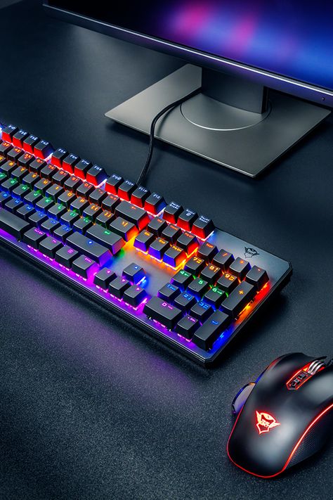 Mechanical gaming keyboard with quick responding switches, 7 color modes and gaming mode function & ergonomic gaming mouse with 6 programmable buttons and adjustable LED illumination Gaming Mouse And Keyboard, Gaming Mouse Aesthetic, Keyboard And Mouse Aesthetic, Gaming Keyboard And Mouse, Pc Games Setup, Keyboard Design, Gaming Equipment, Best Gaming Setup, Keyboard Gaming