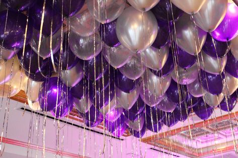 Purple & Silver Balloons over Dance Floor Purple & Silver Balloons on Ceiling with Shimmer Ribbon Party Decorations Purple, Purple Party Decorations, Purple Birthday Party, Silver Balloons, Deco Ballon, Quinceanera Planning, Anniversaire Diy, Purple Wedding Cakes, Silver Balloon