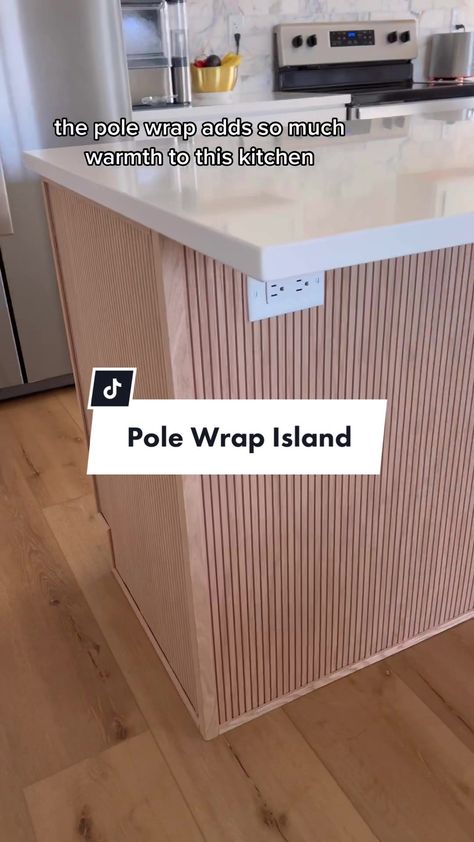 Pole Wrap Built In, Wood Pole Wrap On Wall, Pile Wrap On Wall, Slat Wall Kitchen Island, Pole Wrap On Kitchen Island, Kitchen Island Pole Wrap, Pole Wrap On Ceiling, Slatted Island, Wood Pole Wrap