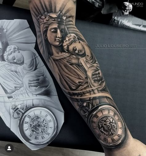 Penny Tattoo, Maria Tattoo, Jesus Tattoo Design, Post Tattoo, Arm Tattoos Black, Front Shoulder Tattoos, Virgin Mary Tattoo, Mary Tattoo, Half Sleeve Tattoos Drawings