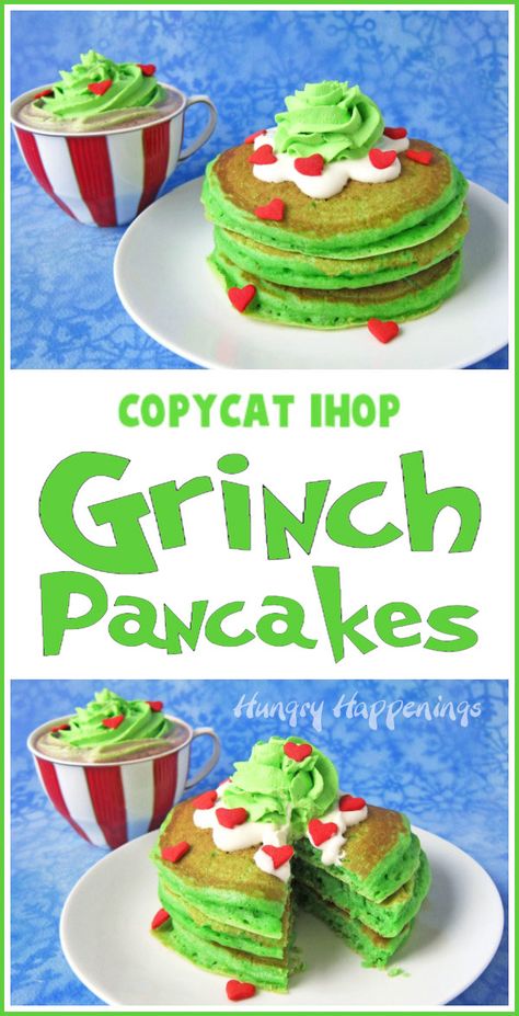 Grinch Goodies, Grinch Pancakes, Grinch Recipes, Ihop Breakfast, Christmas Breakfasts, Holiday Pancakes, Grinch Night, Natasha Kitchen, Ihop Pancakes