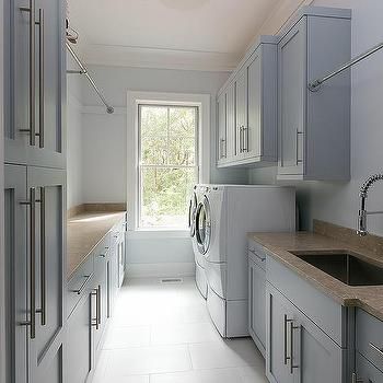 Gray Laundry Room Cabinets with Taupe Countertops Grey Laundry, Gray Shaker Cabinets, Grey Laundry Rooms, Laundry Room Storage Shelves, Rustic Laundry Rooms, Small Laundry Room Organization, Room Storage Diy, Dream Laundry Room, Mudroom Laundry Room