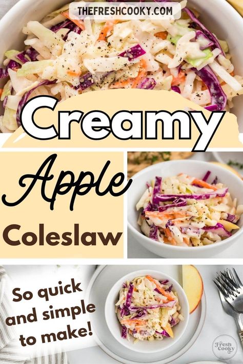 This Creamy Apple Coleslaw has to be one of the quickest, simplest dishes to make! Get the easy recipe from thefreshcooky.com #applecoleslaw #healthycolelsaw Hillbilly Cole Slaw, Applebee's Coleslaw Recipe, Cole Slaw With Apples, Apple Slaw Recipe, Apple Coleslaw Recipe, Bison Burger Recipe, Pork Sliders Recipes, Kids Dinners, Healthy Coleslaw Recipes