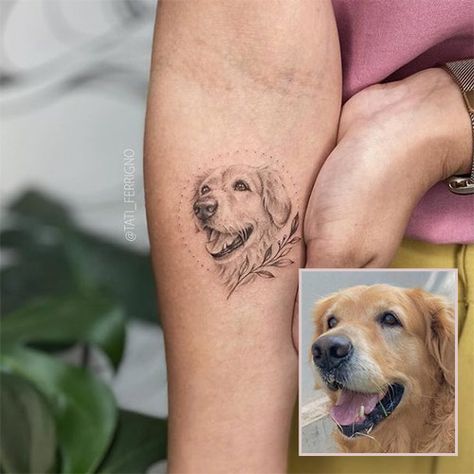 Dog Tattoo Ideas Memorial Golden Retriever, Golden Retriever Portrait Tattoo, Dog With Halo Tattoo, Fine Line Pet Portrait Tattoo, Dog Portraits Tattoo, Tattoo Of Dog Memory, Yellow Lab Tattoo Ideas, Small Pet Portrait Tattoo, Dog Tattoo Golden Retriever